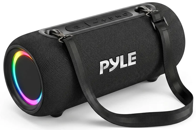 Pyle Portable Bluetooth Speaker RGB LED, IPX5 Waterproof, TWS Stereo Pairing, USB/AUX/FM, Builtin Mic, USBC Charging, 7H Bat