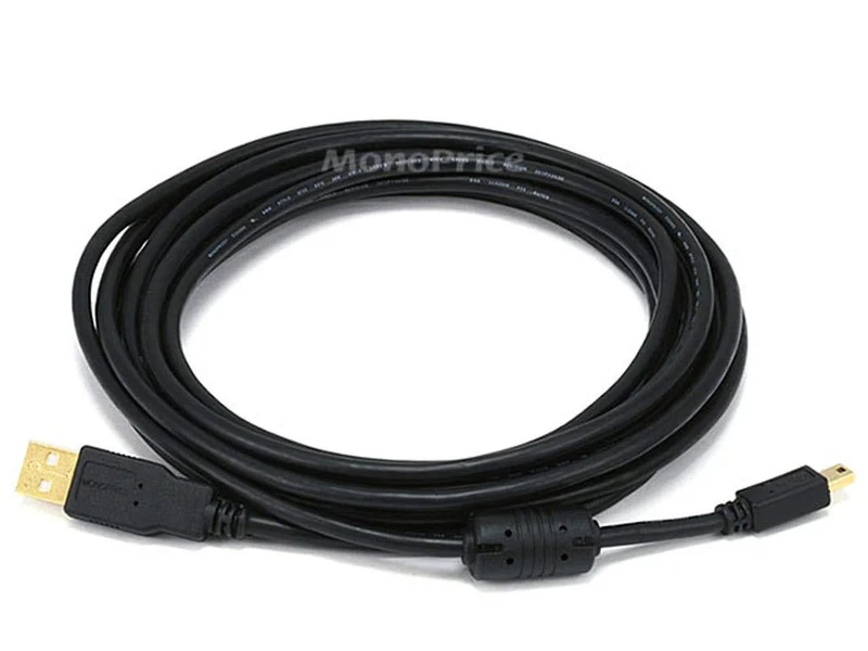 Monoprice USB 2.0 TypeA Male to MiniB 5pin Male Cable With Ferrite Core, Gold Plated, 28/24AWG, 10 Feet, Black