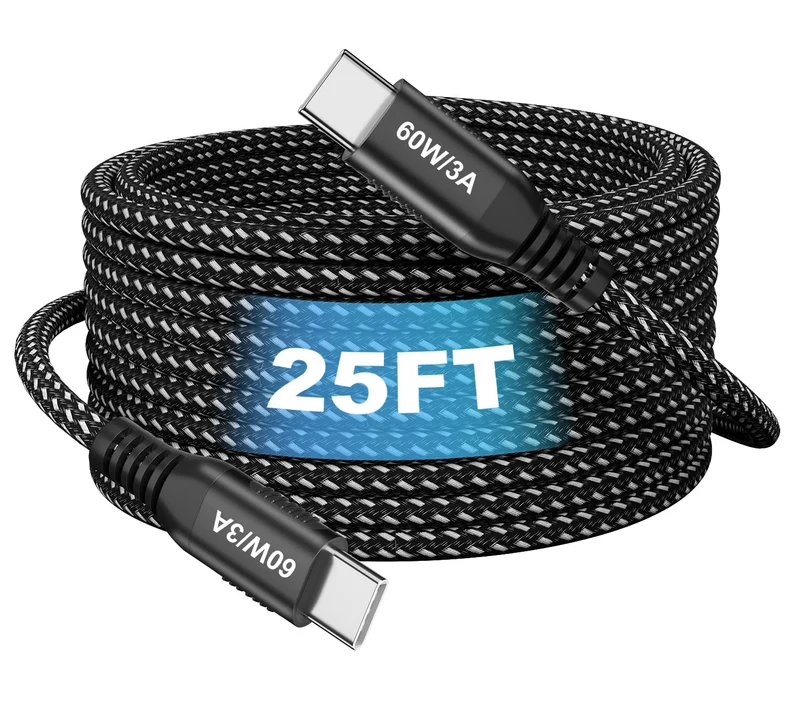 Bawanfa USB C to USB C Cable 25FT, 60W Fast Charging, USB 2.0 Data Transfer