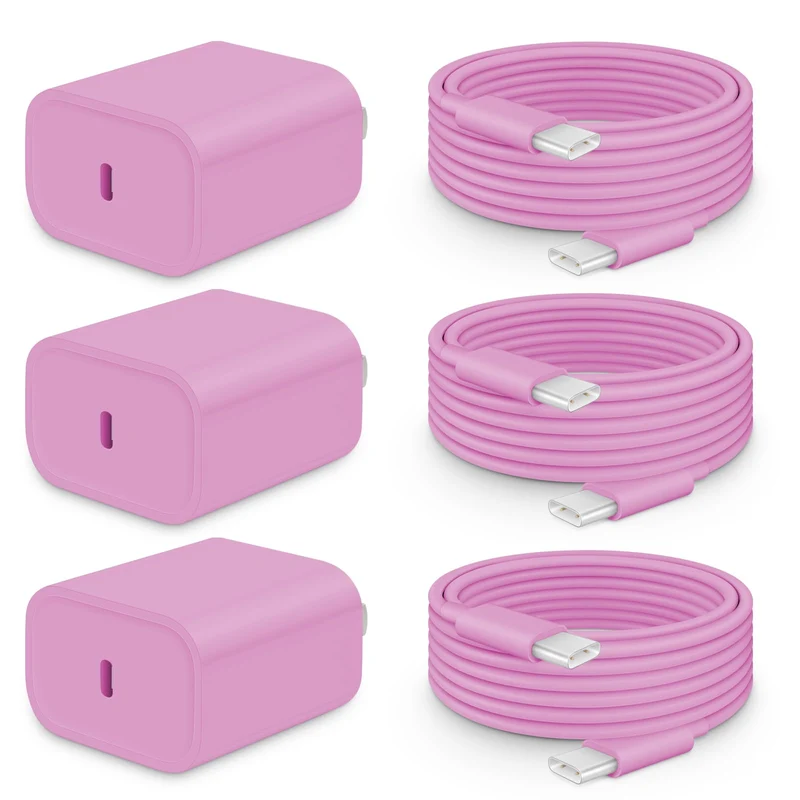 20W Fast Charger for iPhone 17/16/15 with 6FT Cable [3Pack] Pink