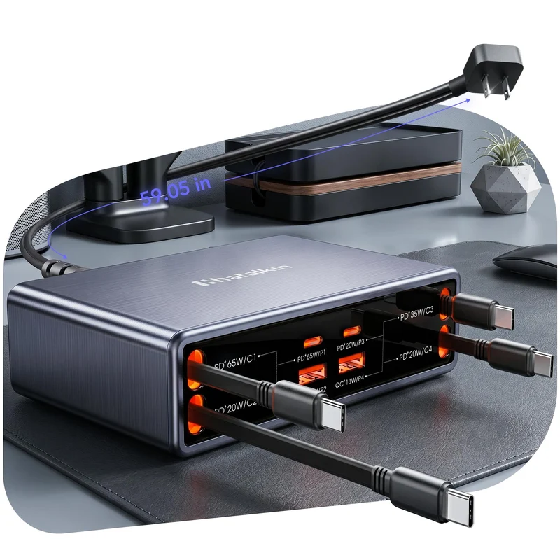 8in1 Charging Station for Multi Device,Fast Charger Retractable 65W Cable