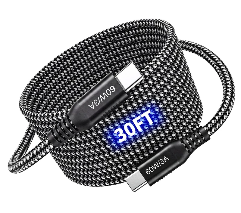 Extra Long 30 FT USB C to USB C Cable 60W, 480Mbps Data Transfer Type C Fast Charging Cord, Long Nylon Braided C to C Power Cabl