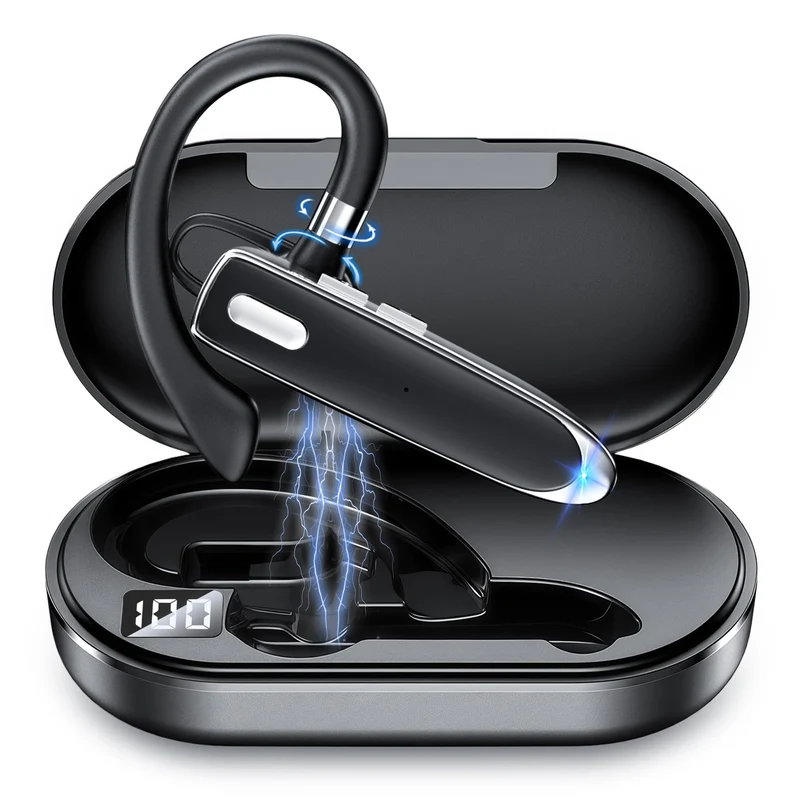 Bluetooth Headset V6.1 with 90Hrs Talk Time & 500mAh Charging Case, CVC 8.0 ENC Noise Cancelling Mic Wireless Earpiece Single
