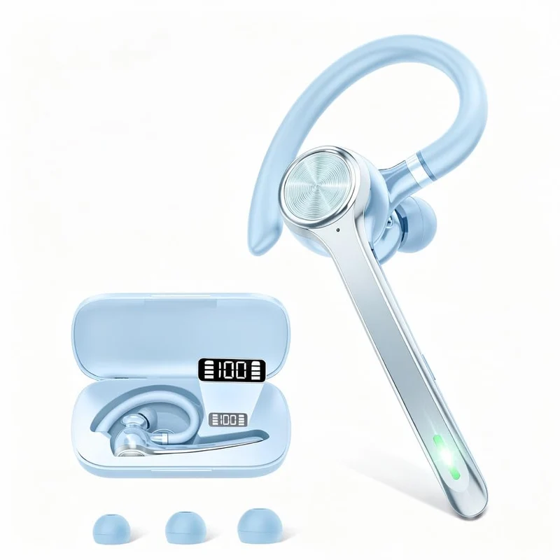 HEIBAS Bluetooth Headset, Wireless Earpiece with Mic for Work Light Blue