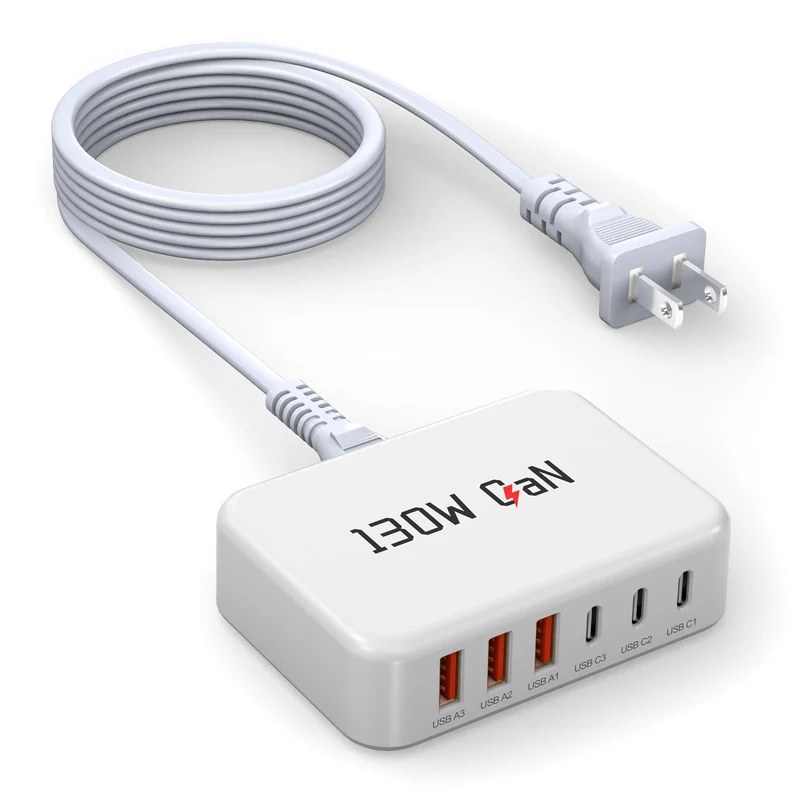 130W USB C Charger Block GaN 6 Port Fast USB C Charging Station for iPhone