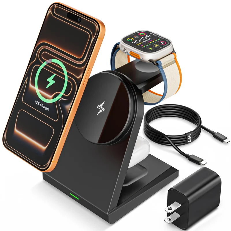 3 in 1 Wireless Charger iPhone Charging Station, 25W Magnetic Charger for iPhone 17 16e 15 14 13 12 Pro Max, Wireless Charging S