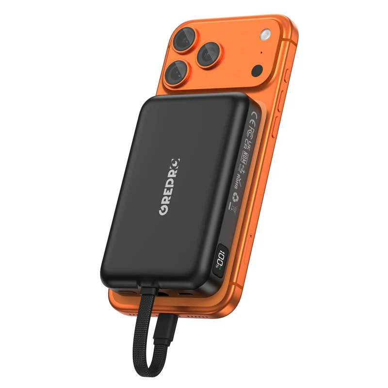 GREPRO Magnetic Power Bank, 10000mAh Builtin 22.5W USBC Cable for iPhone
