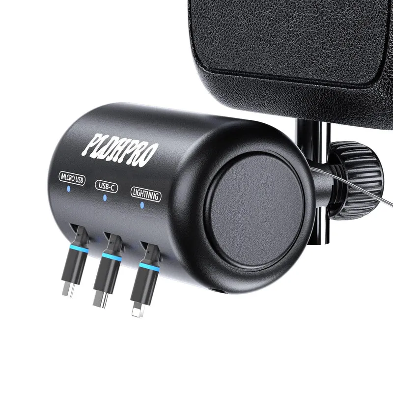 Retractable Car Backseat 3 in 1 Multi Charging Station Box with USB Type C Lightner Retractable Cables for All Phones | iPhone |