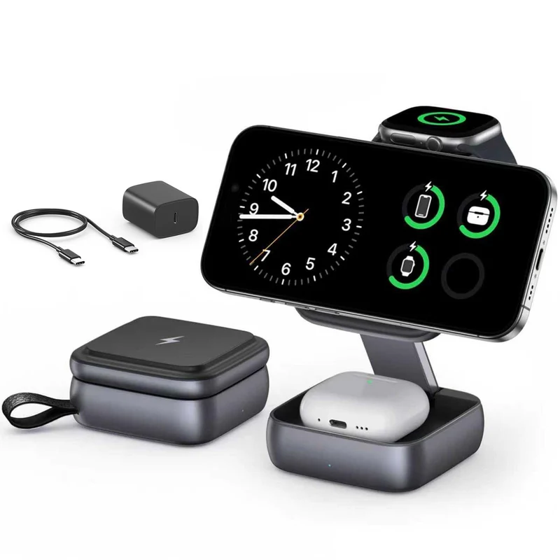 3 in 1 Foldable Wireless Magnetic Charging Dock with Storage Bag for MagSafe for iPhone 17 16 15 14 13 12 Pro Max for Apple Watc