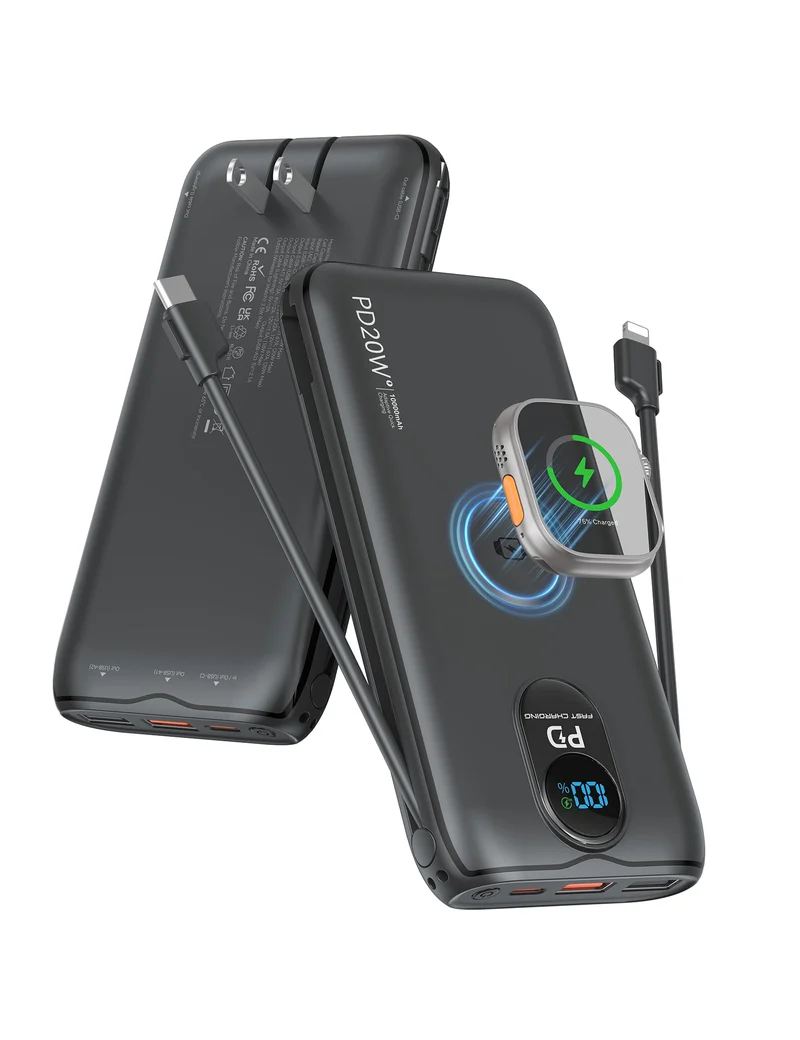 Portable Charger Power Bank 10000mAh PD20W w/Builtin Cables & AC Plug