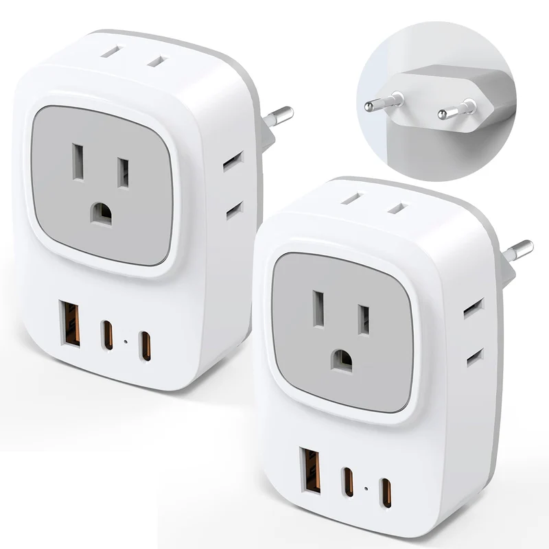 2 Pack European Travel Plug Adapter, 7 in 1 Brazil Power Adapter, 4 AC Outlets with 3 USB Charging Ports, International Power Ad