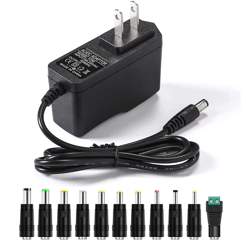 9V 2A AC Adapter Power Supply Charger [9 Volts 2 Amps Regulated Switching Power] with 11 Interchangeable DC Plug for 300mA 400mA