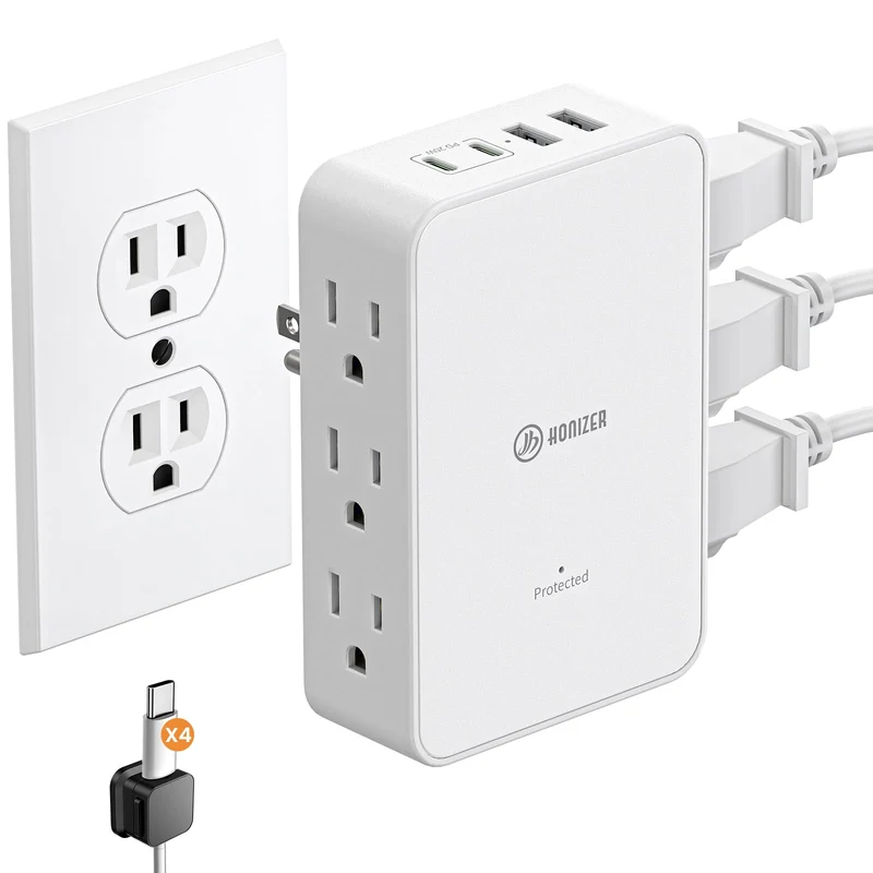 HONIZER Outlet Extender with 6AC Side Outlets,Flat Wall Outlet,PD 20W USB C