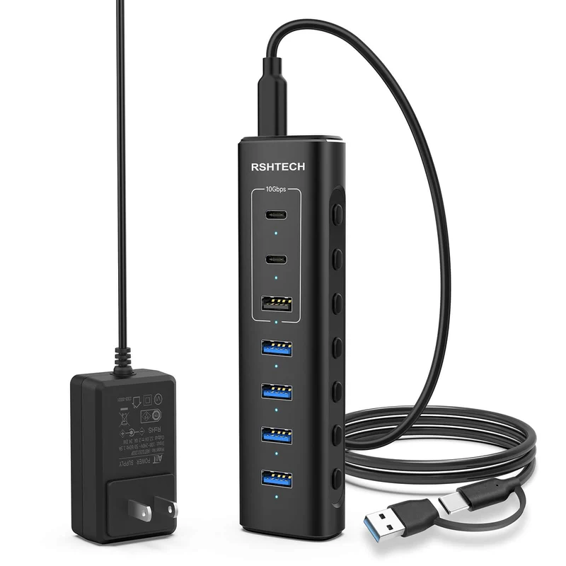 RSHTECH 7Port Powered USB C Hub, 10Gbps USB 3.2(2C+1A), 4 USBA 3.0 Ports