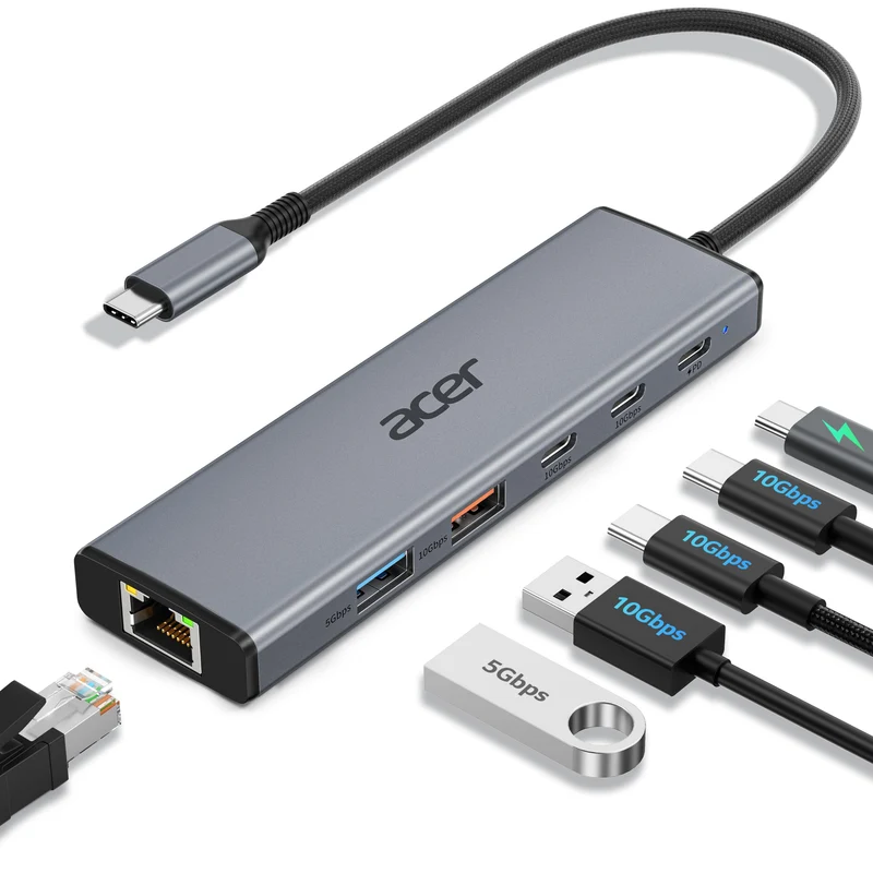 acer USB C Hub 10Gbps, 6in1 USB C to Ethernet Adapter for Laptop/PC