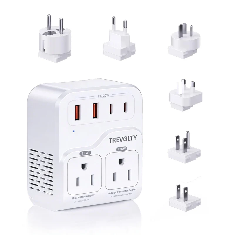 2000W Voltage Converter US to Europe for Hair Dryers, 7in1 220V to 110V Converter for European Travel with 3 AC/2 USBA/2 USBC