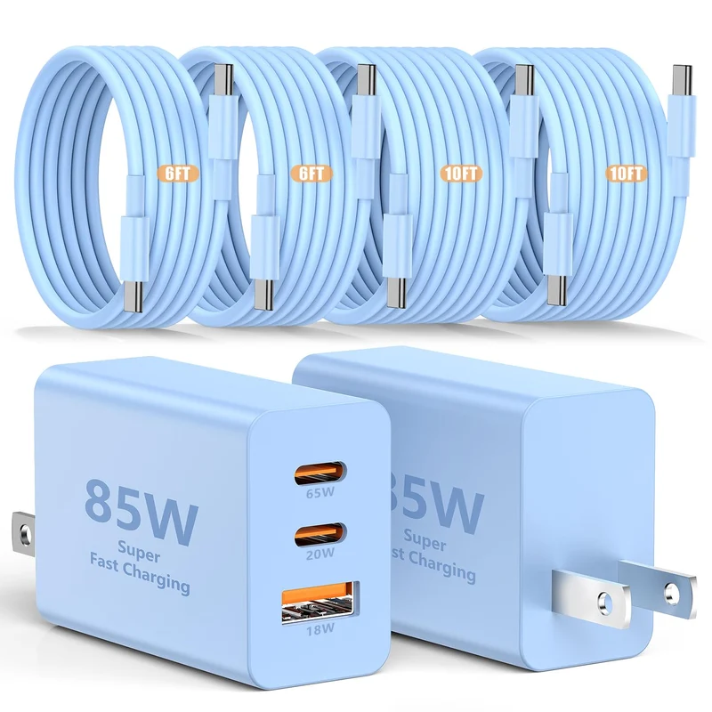 85W C Wall Charger Block for iPhone 17/16/15 Pro Max, 3port 100W USB C Fast Wall Charger Adapter Plug and 4Pack 6/6/10/10FT Long