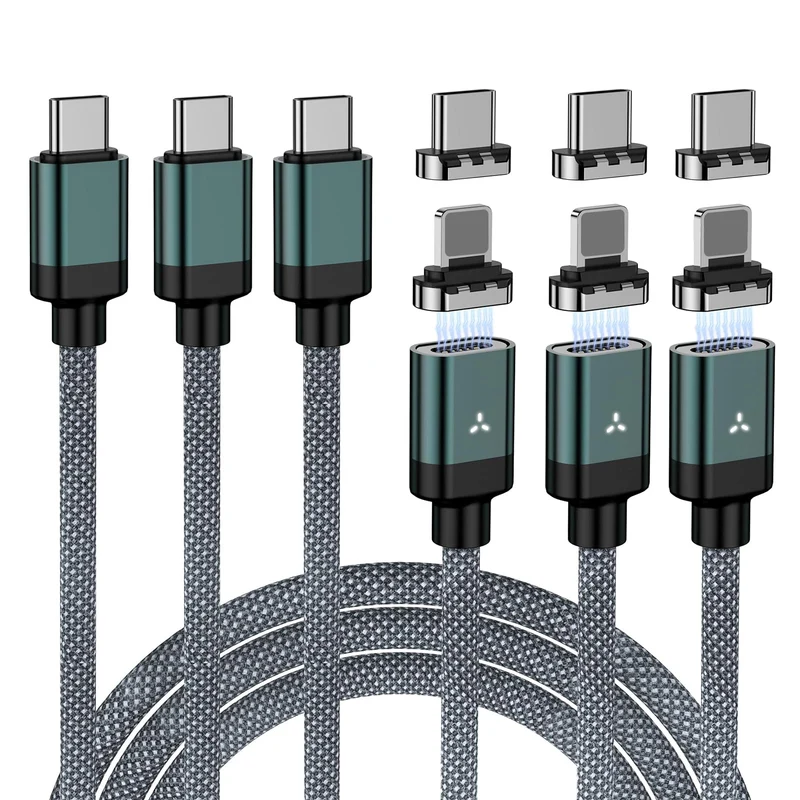 ZBF 100W USB C Magnetic Charging Cable, 2 in 1 Charger Cable for Type C(3 Pack, 4/6.6/6.6FT) 480Mbps Data Transfer, 5A Fast Char