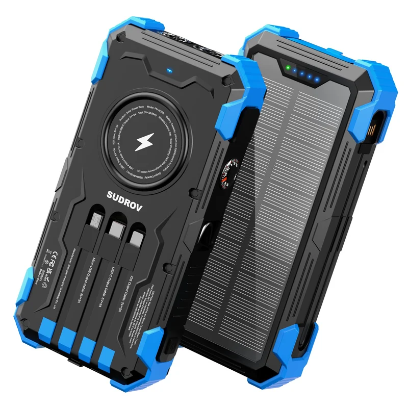 Sudrov Solar Portable Charger 20000mAh, Wireless Charger, Gifts for Men and Dad, 15W Fast Charging, 4 Builtin Cables, USBC Inp