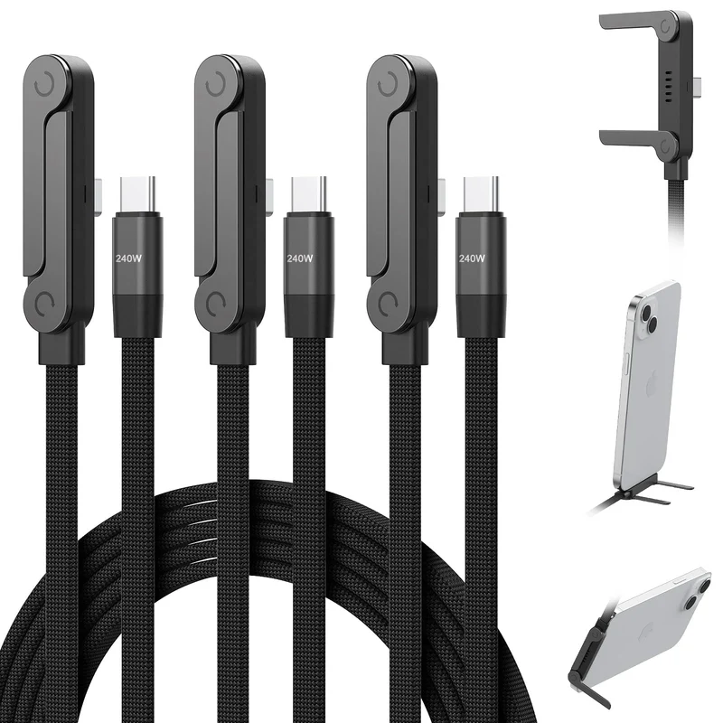 3Pack USB C to USB C Cable with Builtin Phone Stand 90 Right Angle 240W 5FT Nylon Braided Fast Charging Cord for iPhone 17 16 1