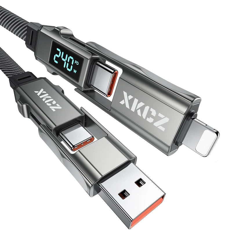 XKCZ 4 in 1 USB C Cable with Wattage Display, 240W Flat Nylon Braided Multi Charge Cable with Data Sync, USB C Charging Cord Com
