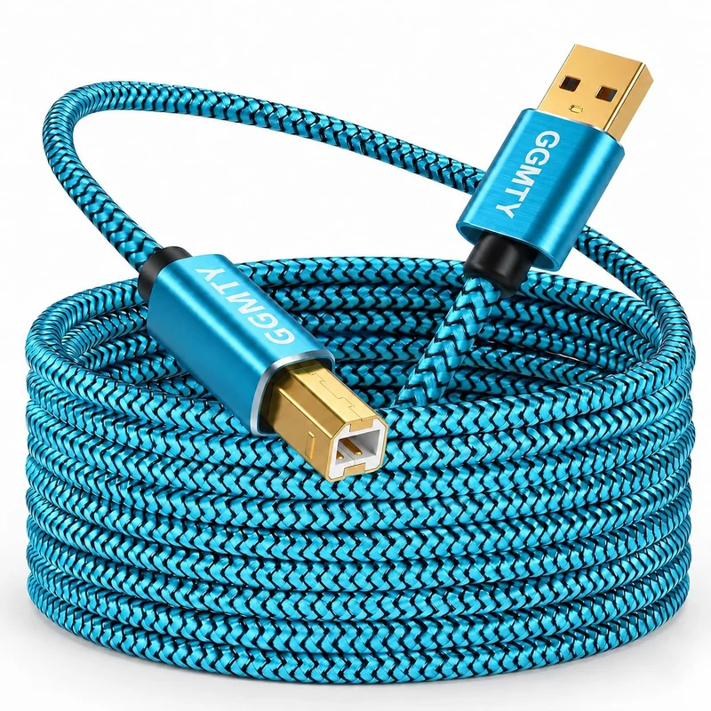 GGMTY 15ft USB Printer Cable, Extra Long Nylon Braided USB 2.0 Type A to B Male Cord with GoldPlated Connectors, High Speed Dat