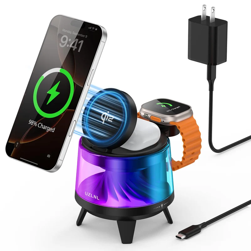 UZLNL 3 in 1 Wireless Charging Station for Apple Devices,MagSafe Charger Stand,Magnetic Wireless Charger Station,RGB Ambient Li