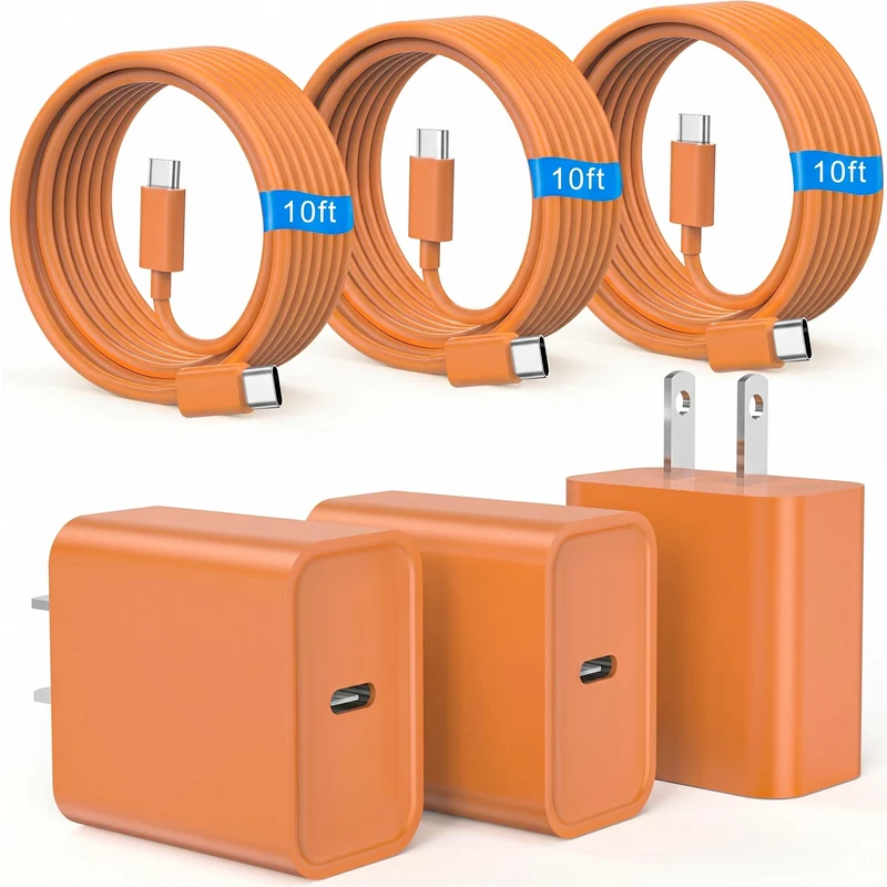 iPhone 17 16 15 Charger Fast Charging 10FT Long Cord with USBC Block Orange