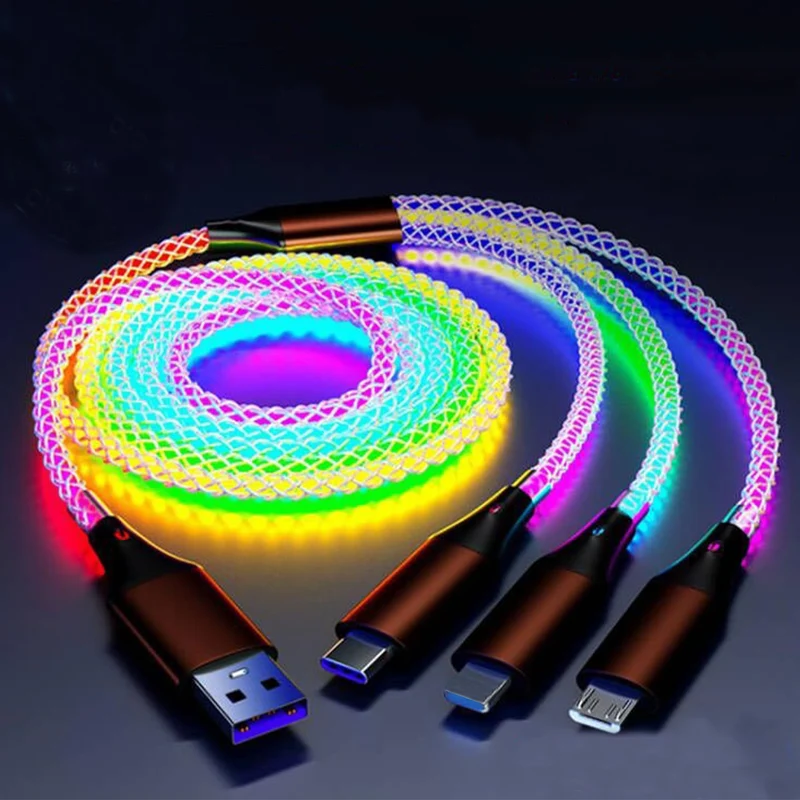 66W 3 in 1 LED Light Up Charging Cable, RGB Flowing Glowing Fast Charging Cord with Lightning/Type C/Micro USB for iPhone, Samsu