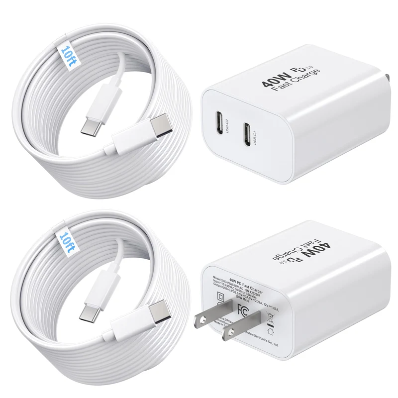 2Pack 40W USB C Charger Block Dual Port with 10ft Type C Cable White